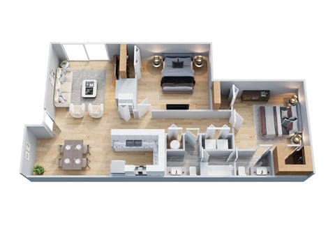 Floor plan for 2 beds, 1.5 baths, 940 sqft